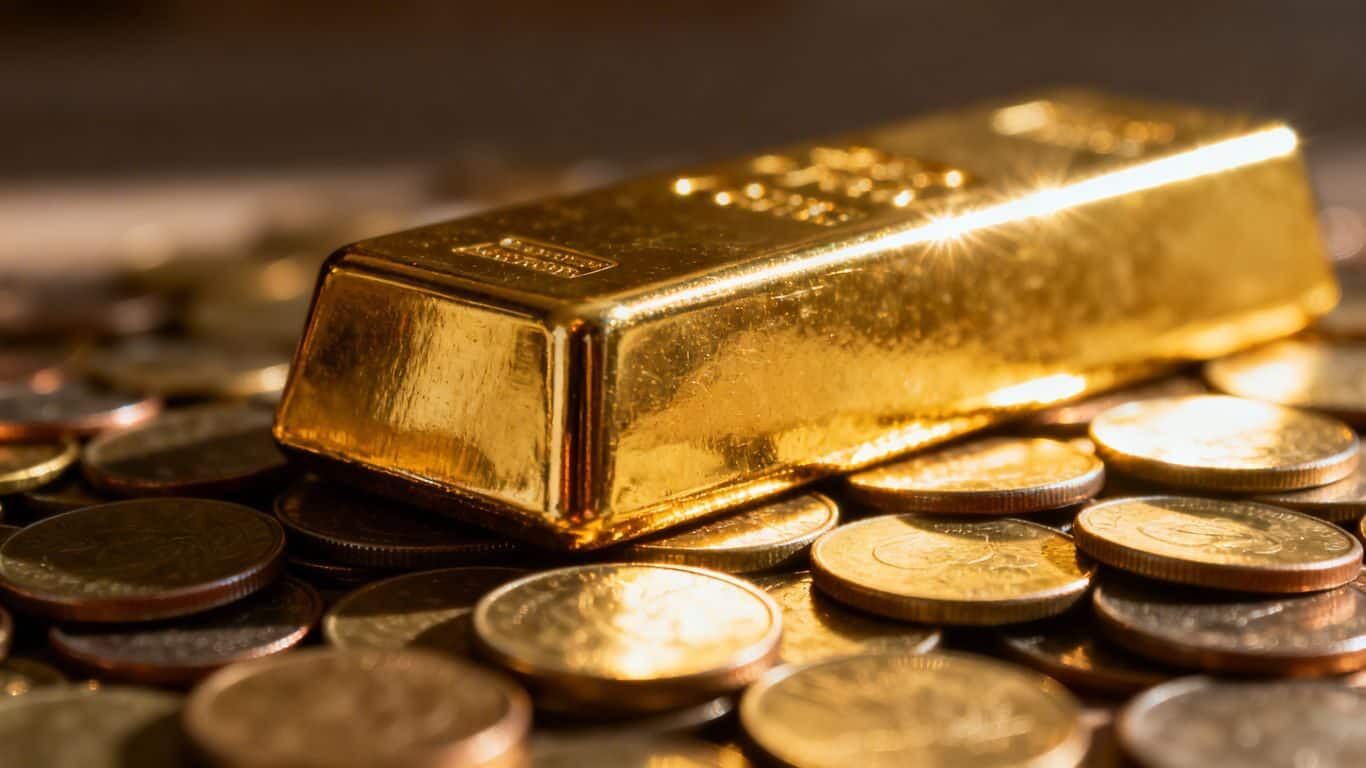 یک شمش طلا روی مقدار زیادی سکه