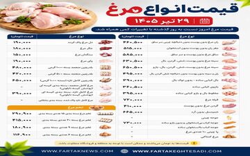 قیمت مرغ امروز ۲۹ تیر ۱۴۰۵ اعلام شد | آخرین نرخ مرغ، فیله، ران و سینه در بازار